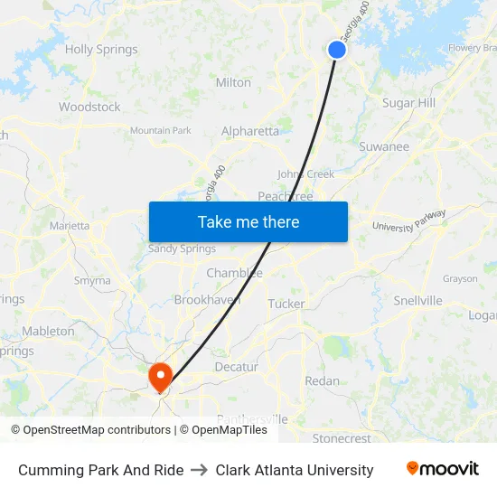 Cumming Park And Ride to Clark Atlanta University map