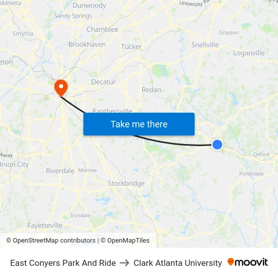 East Conyers Park And Ride to Clark Atlanta University map