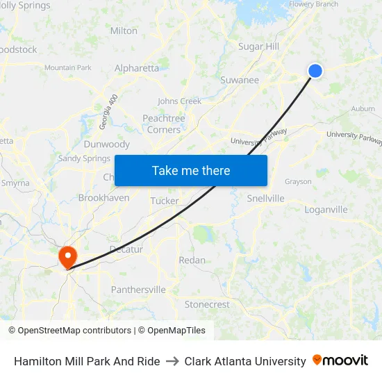 Hamilton Mill Park And Ride to Clark Atlanta University map