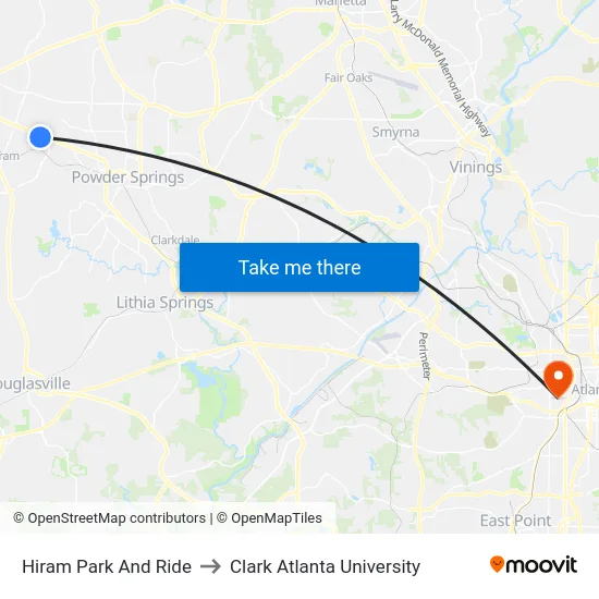 Hiram Park And Ride to Clark Atlanta University map