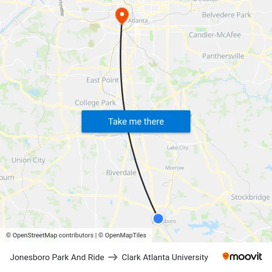 Jonesboro Park And Ride to Clark Atlanta University map