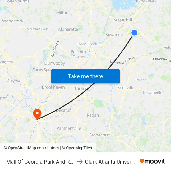 Mall Of Georgia Park And Ride to Clark Atlanta University map
