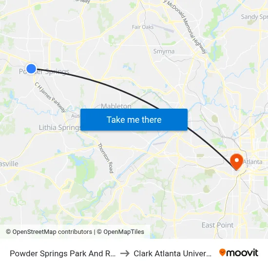 Powder Springs Park And Ride to Clark Atlanta University map