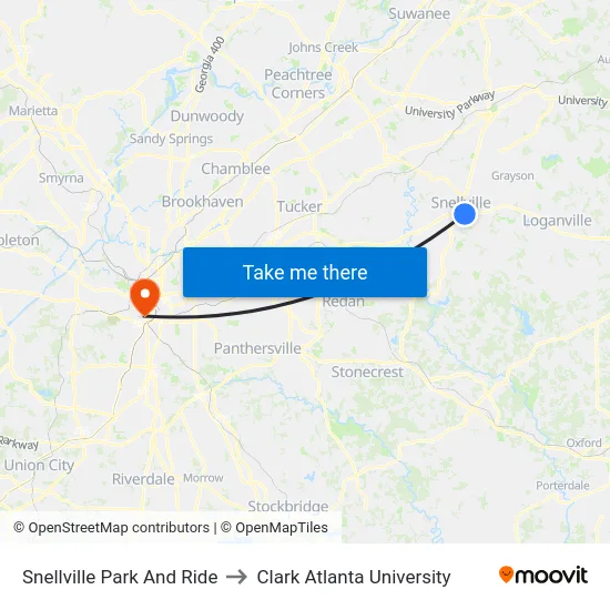 Snellville Park And Ride to Clark Atlanta University map
