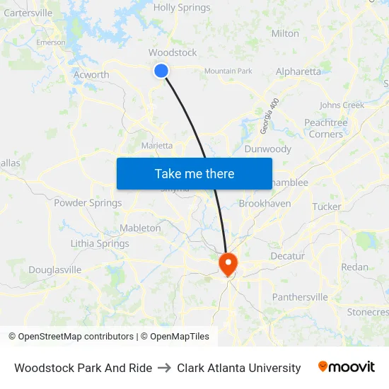 Woodstock Park And Ride to Clark Atlanta University map