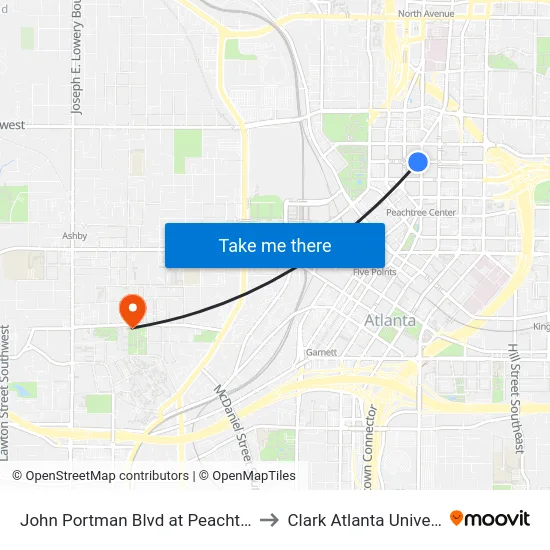 John Portman Blvd at Peachtree St to Clark Atlanta University map