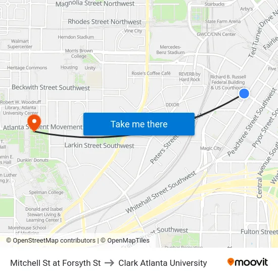 Mitchell St at Forsyth St to Clark Atlanta University map