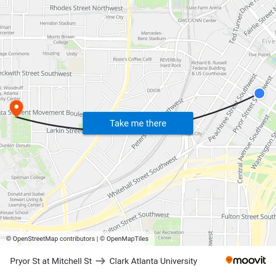 Pryor St at Mitchell St to Clark Atlanta University map