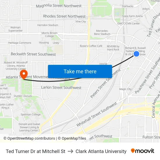 Ted Turner Dr at Mitchell St to Clark Atlanta University map