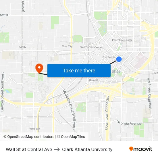 Wall St at Central Ave to Clark Atlanta University map