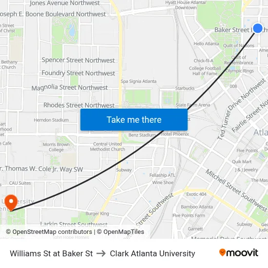 Williams St at Baker St to Clark Atlanta University map