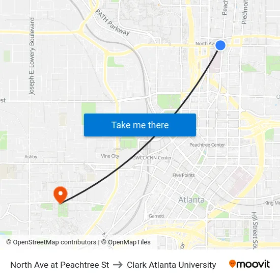 North Ave at Peachtree St to Clark Atlanta University map