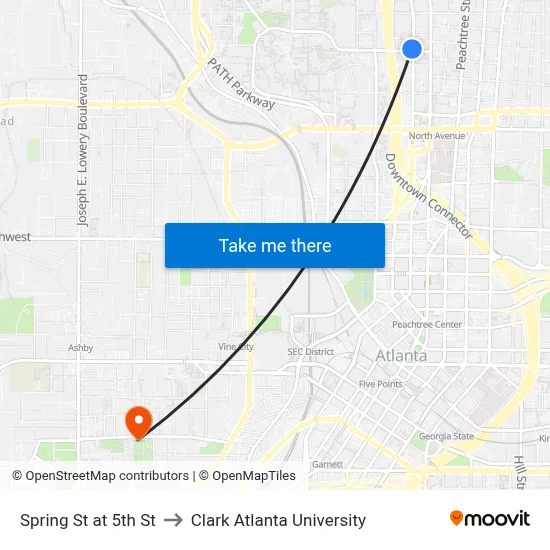Spring St at 5th St to Clark Atlanta University map