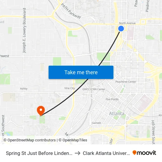 Spring St Just Before Linden Ave to Clark Atlanta University map