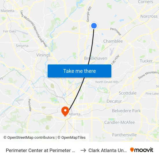 Perimeter Center at Perimeter Center Pkwy to Clark Atlanta University map