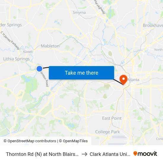 Thornton Rd (N) at North Blairs Bridge Rd to Clark Atlanta University map