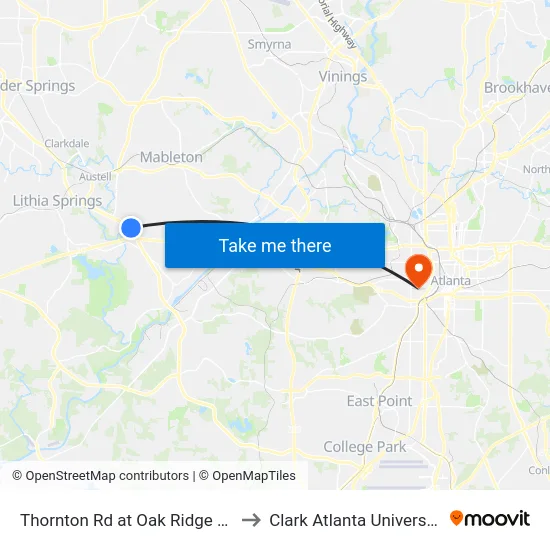 Thornton Rd at Oak Ridge Rd to Clark Atlanta University map