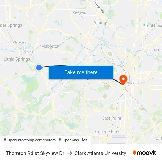 Thornton Rd at Skyview Dr to Clark Atlanta University map