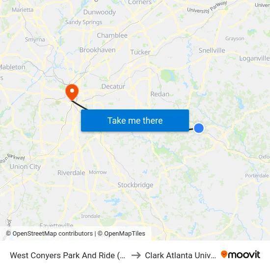 West Conyers Park And Ride (Mt/Peri) to Clark Atlanta University map
