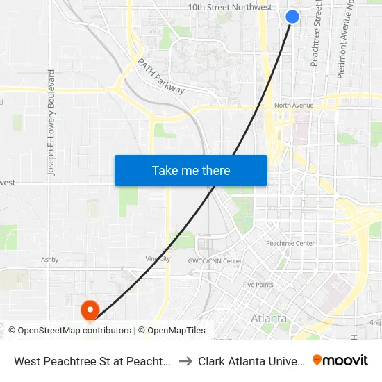West Peachtree St at Peachtree Pl to Clark Atlanta University map