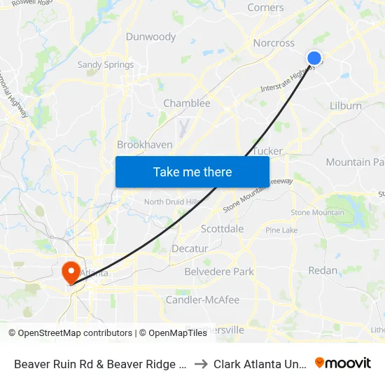 Beaver Ruin Rd & Beaver Ridge Elementary to Clark Atlanta University map