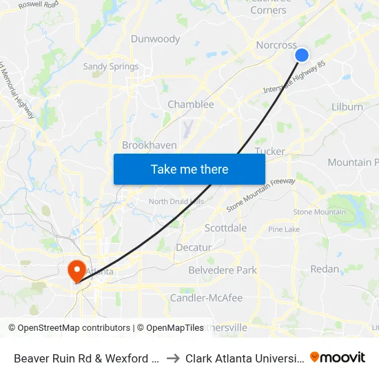 Beaver Ruin Rd & Wexford Dr to Clark Atlanta University map