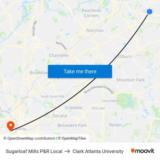 Sugarloaf Mills P&R Local to Clark Atlanta University map
