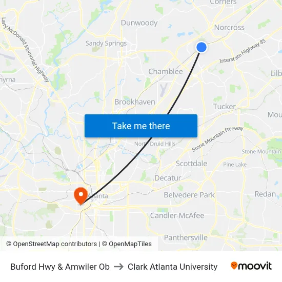 Buford Hwy & Amwiler Ob to Clark Atlanta University map
