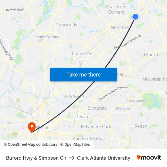 Buford Hwy & Simpson Cir to Clark Atlanta University map