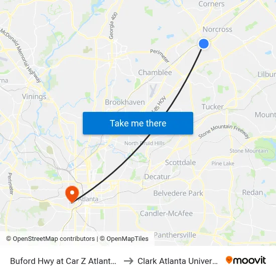 Buford Hwy at Car Z Atlanta Ib to Clark Atlanta University map