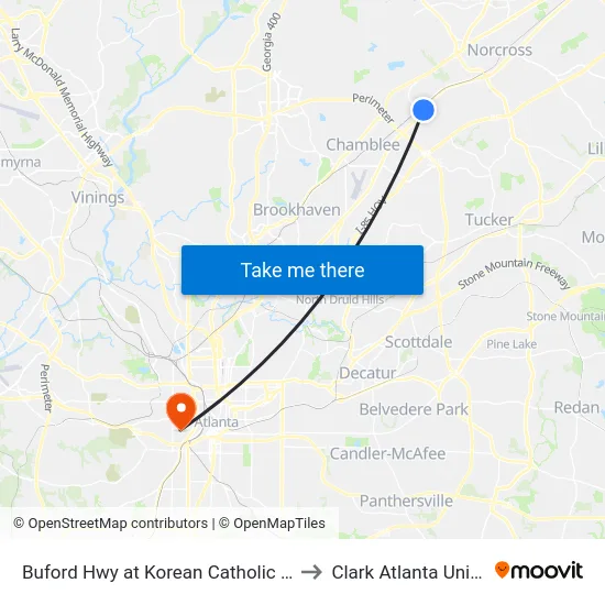 Buford Hwy at Korean Catholic Church Ib to Clark Atlanta University map