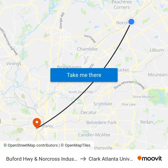 Buford Hwy & Norcross Industrial Ct to Clark Atlanta University map