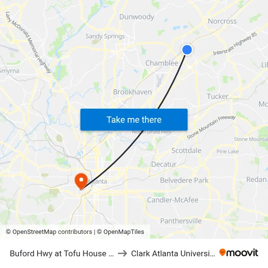 Buford Hwy at Tofu House Ib to Clark Atlanta University map