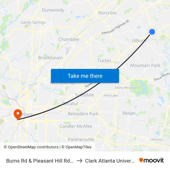 Burns Rd & Pleasant Hill Rd Ob to Clark Atlanta University map