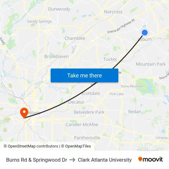 Burns Rd & Springwood Dr to Clark Atlanta University map