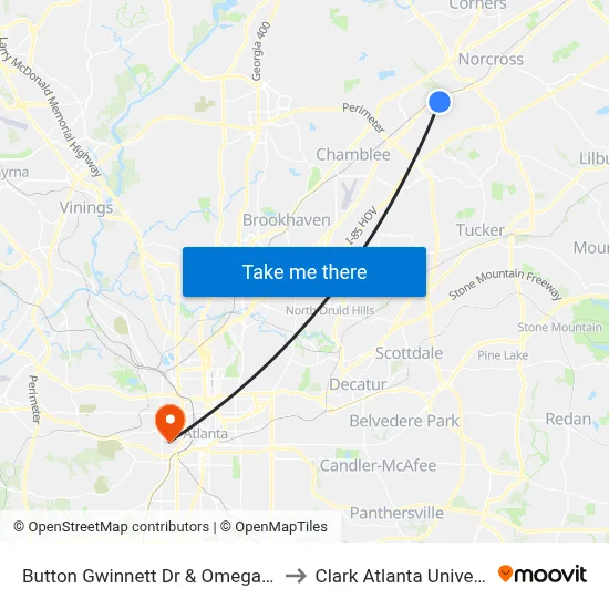 Button Gwinnett Dr & Omega Dr Ib to Clark Atlanta University map