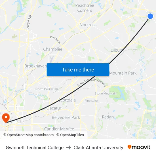Gwinnett Technical College to Clark Atlanta University map