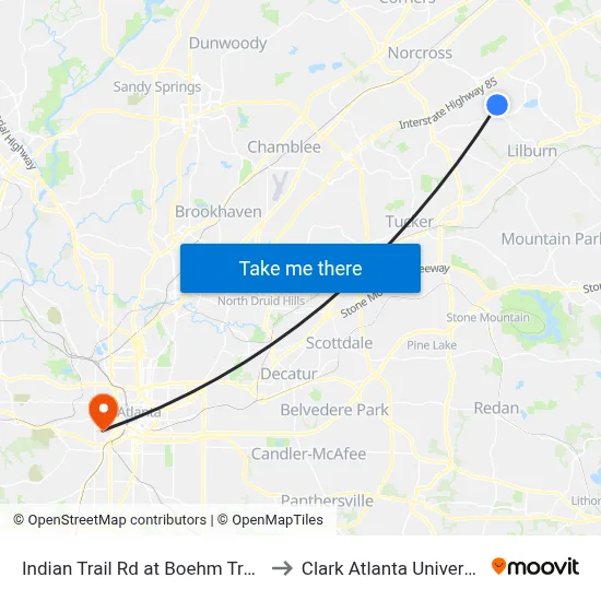 Indian Trail Rd at Boehm Travel to Clark Atlanta University map