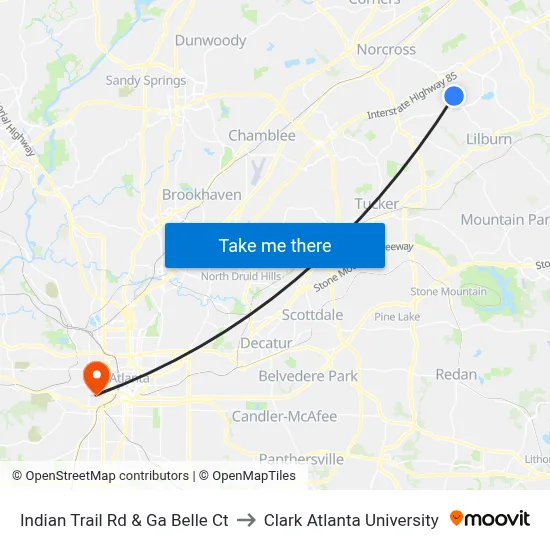 Indian Trail Rd & Ga Belle Ct to Clark Atlanta University map