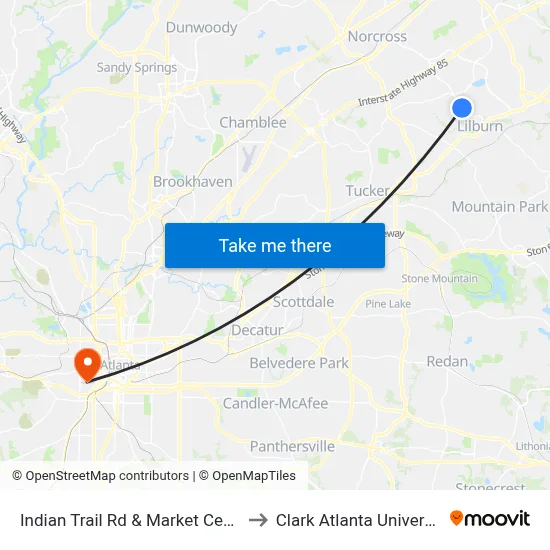 Indian Trail Rd & Market Center to Clark Atlanta University map