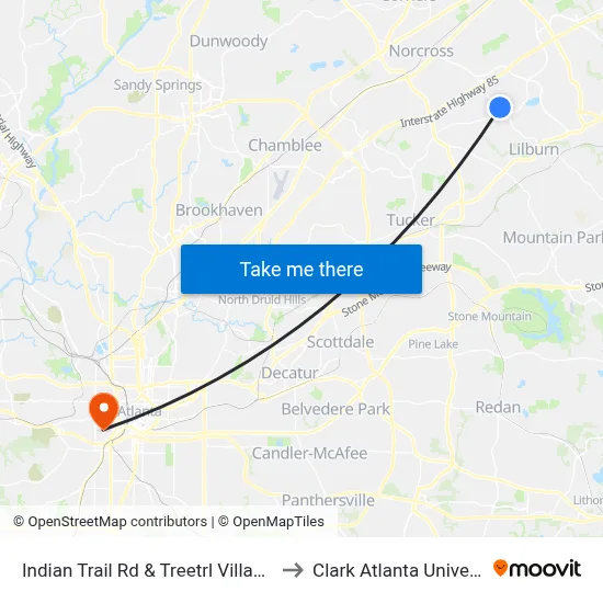 Indian Trail Rd & Treetrl Village Plz to Clark Atlanta University map