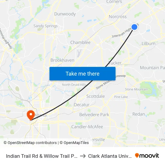 Indian Trail Rd & Willow Trail Pkwy Ob to Clark Atlanta University map