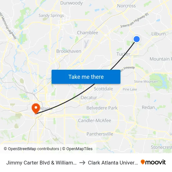 Jimmy Carter Blvd & Williams Rd to Clark Atlanta University map