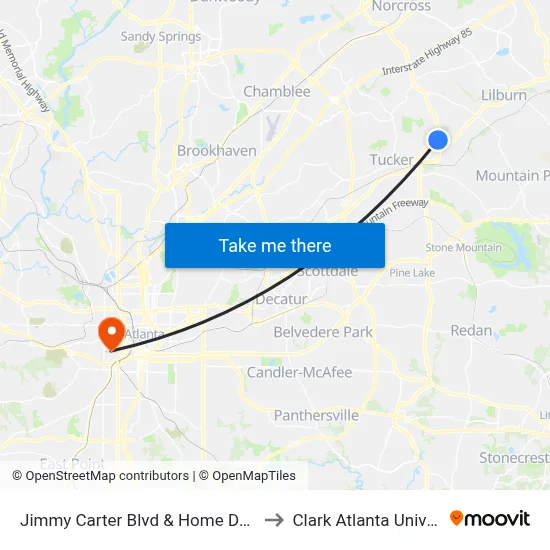 Jimmy Carter Blvd & Home Depot Ob to Clark Atlanta University map