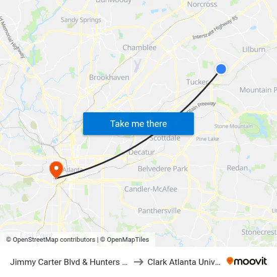 Jimmy Carter Blvd & Hunters Club Ln to Clark Atlanta University map
