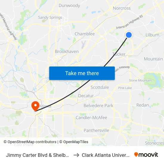 Jimmy Carter Blvd & Shelby Dr to Clark Atlanta University map