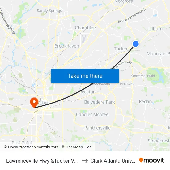 Lawrenceville Hwy &Tucker Valley Rd to Clark Atlanta University map