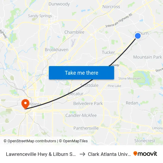 Lawrenceville Hwy & Lilburn School Rd to Clark Atlanta University map