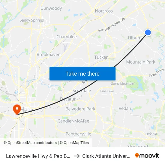 Lawrenceville Hwy & Pep Boys to Clark Atlanta University map