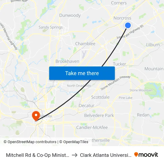 Mitchell Rd & Co-Op Ministry to Clark Atlanta University map